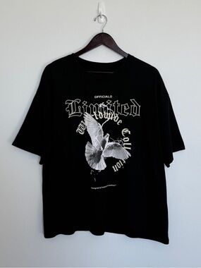 SHEIN Black Short Sleeve Tee with White Dove Graphic and Gothic Script